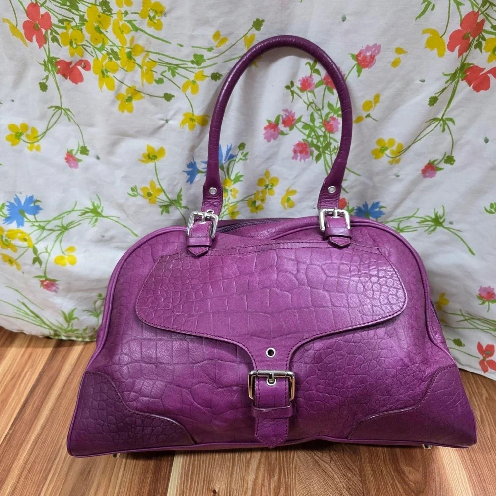 Nordstrom Purple Croc Leather Satchel Bag Purse Large Top Handle Travel Italy